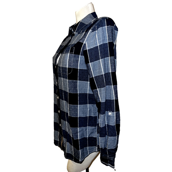 LANDS' END Top Women's Size S/T 6-8 Navy Blue Plaid Textured Roll Tab Slv Shirt - Picture 6 of 8